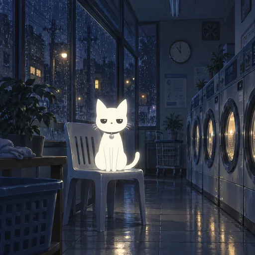 He sits on a plastic chair in an empty laundromat at night, machines glowing along the wall and a clock above them.