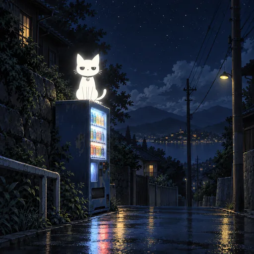 He sits on a wall beside a lit vending machine on a wet street at night, its light spilling across the pavement.
