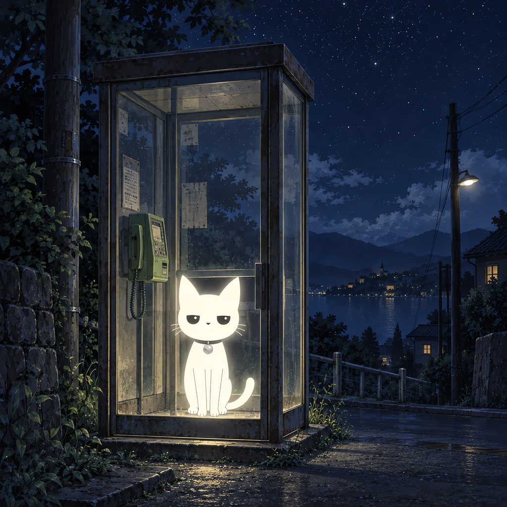 The glowing white cat stands inside an old glass phone booth on an empty corner at night, lighting the whole booth like a lantern.