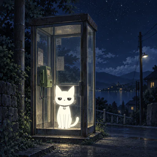 He stands inside an old glass phone booth on an empty corner at night, lighting the whole booth like a lantern.