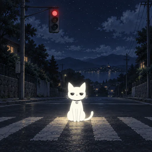 He sits in the middle of an empty pedestrian crossing under a red traffic light, wide dark road either side.