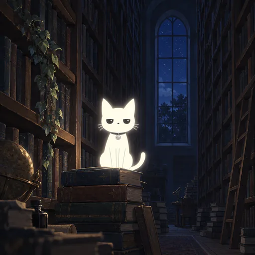 He sits on a tall stack of books in a dark library aisle, shelves rising out of frame and an arched window beyond.