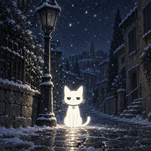 He sits under a cast iron street lamp in falling snow on an empty old street, his glow catching the flakes.