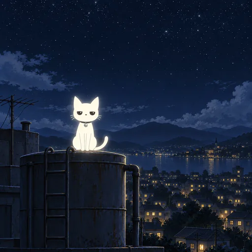 He sits on a rooftop water tank above a sleeping city at night, a spread of small lit windows below.