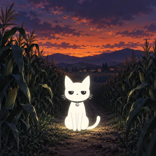 He stands on a dirt track between tall rows of corn at dusk, the sky deep orange and violet above him.