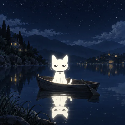 He sits in a small wooden rowing boat on a perfectly still dark lake, his reflection stretching down into the water.