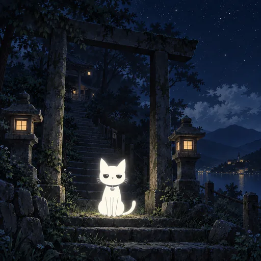 He sits under a tall stone gate on a hillside path at night, a lantern either side and steps disappearing up into the trees.