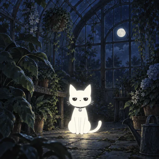 He sits on the floor of an old glass greenhouse at night surrounded by big leaves, a full moon through the panes.