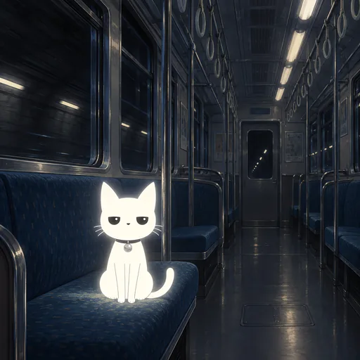He sits alone on the seat of an empty subway carriage late at night, strip lights above and dark tunnel past the windows.