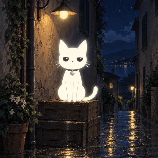 He sits in a narrow alley under a single wall lamp at night, wet cobbles underfoot and a plant pot beside him.