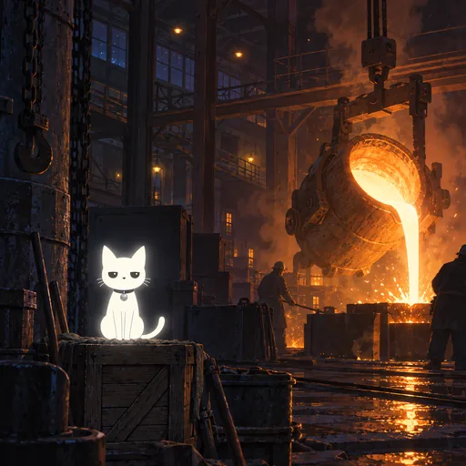 He sits on a crate across a night-shift foundry while a crucible pours a ribbon of molten silver, furnace light on one side of the hall and his own glow on the other.