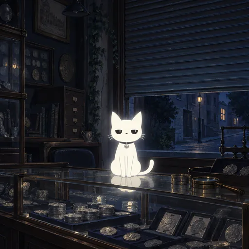 He sits on the counter of a closed coin dealer's shop at night, glass cases of stacked silver coins catching his light and the shutter half down.