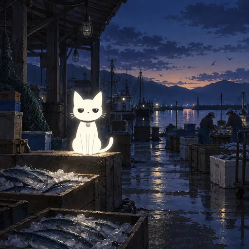 He sits on a crate at a harbour fish market before dawn, rows of silver fish laid out on crushed ice under bare hanging bulbs and boats tied up along the wet quay.