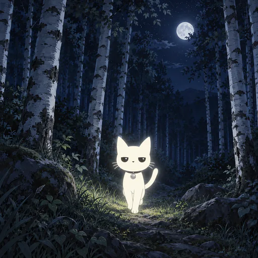 He walks between the pale trunks of a birch wood in full moonlight, white bark going back row after row into the dark.