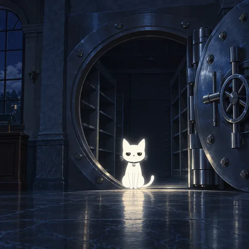 He sits in the open doorway of an old bank vault at night, the polished steel door swung wide beside him and the shelves inside empty.