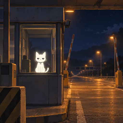 He sits in the window of an empty motorway toll booth at four in the morning, orange sodium light, barriers up and no car on the road.