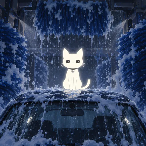 He sits on the roof of a car inside an automatic car wash mid-cycle, blue foam and spinning rollers and water running down all around him.
