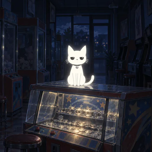 He sits on top of a coin pusher cabinet in a closed arcade at night, trays of silver coins behind the glass and every other machine dark.