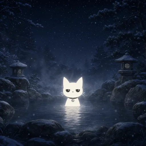 He sits up to his shoulders in an outdoor hot spring in falling snow at night, steam rising, stone lanterns and dark pines around the pool.