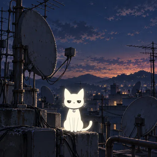 He sits among a crowded rooftop forest of satellite dishes and television aerials at dusk, cables everywhere and city haze behind.